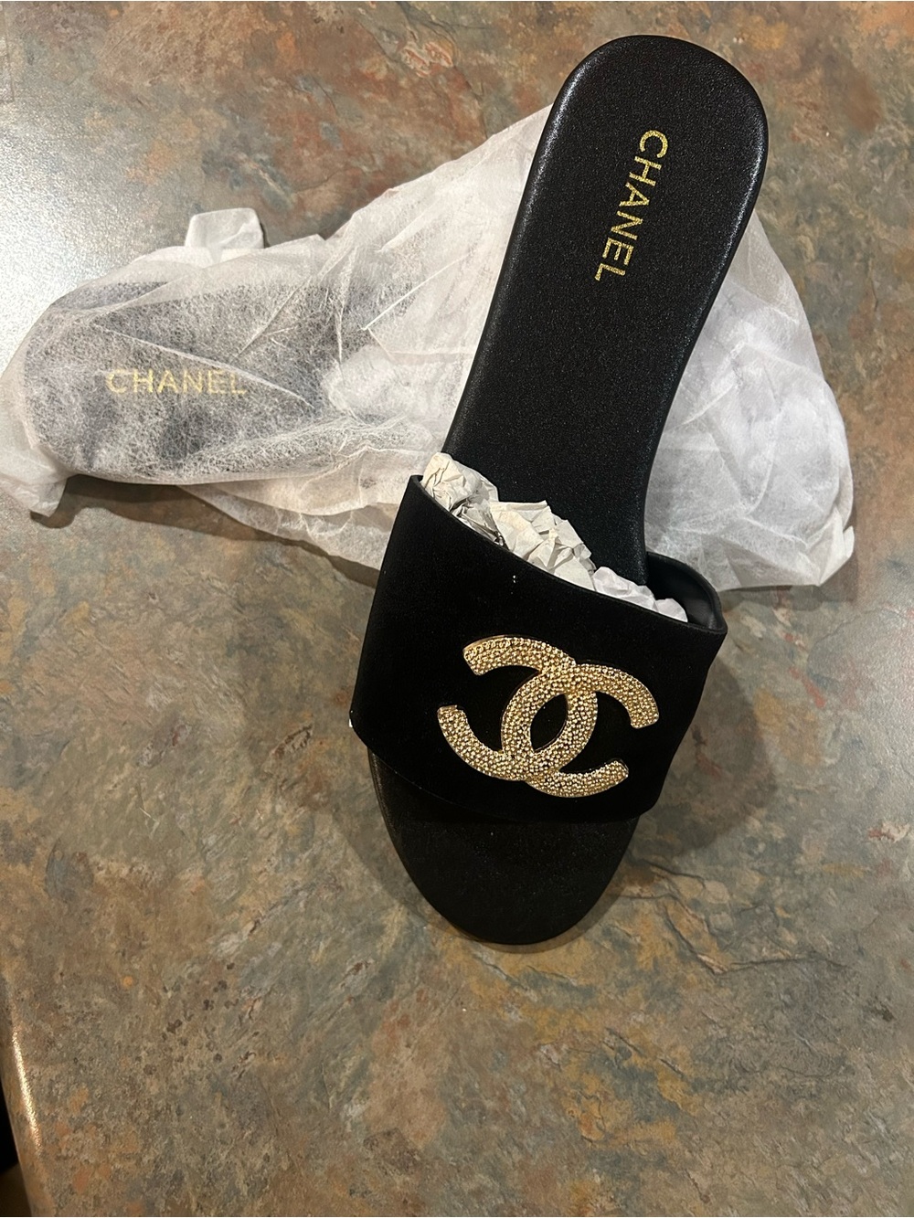 CHANEL Black Slide Sandals with Gold Crystal CC Emblem